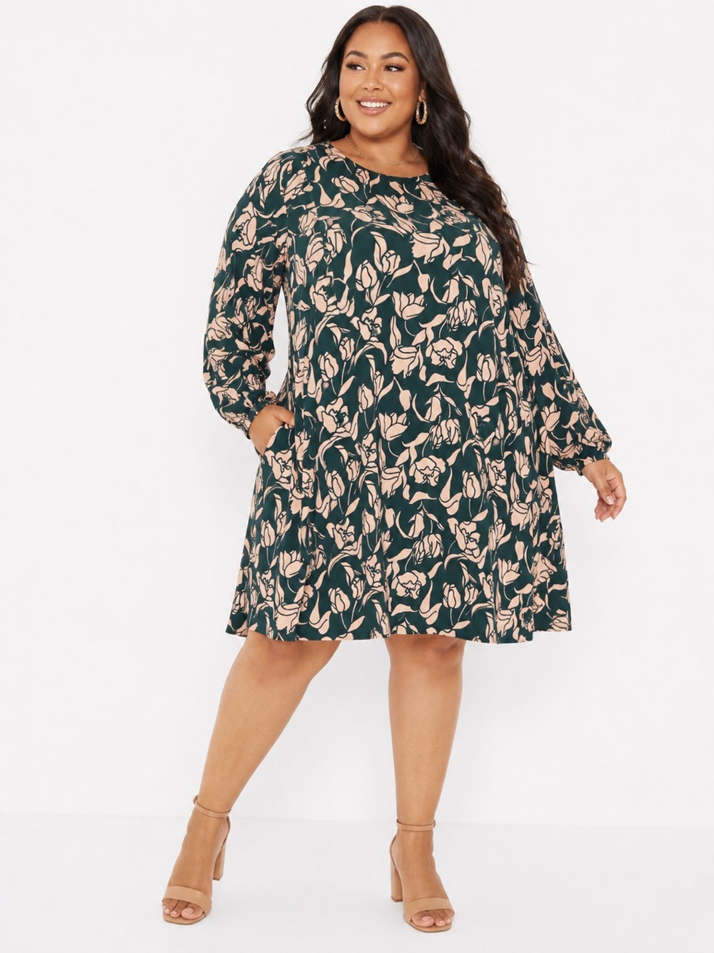 Leota Dark Green and Beige‎ Floral Long Sleeve Dress XX large